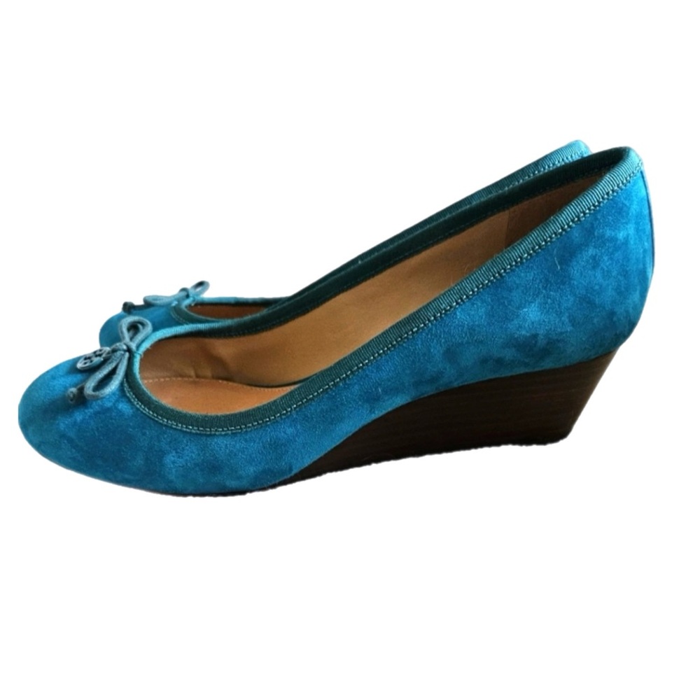 EUC Tory Burch Peacock Teal Suede Wedges in Excellent Used Condition Size 8 - Picture 3 of 8